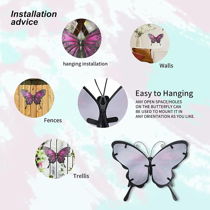 LIFFY Metal Butterfly Wall Decor, 12" Glass Butterfly Wall Art for Outdoor, Hanging Garden Decorations for Yard Fence Patio