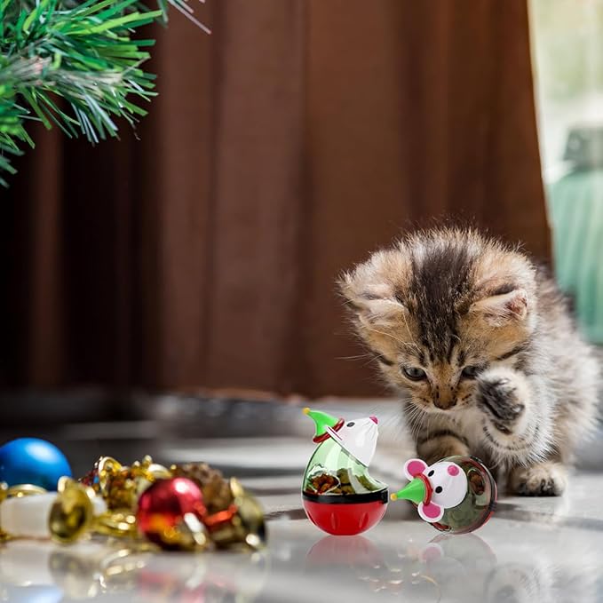 2Pcs Cat Christmas Treat Balls with Tumbler Mouse Toy, Dispenser for Snacks and Dry Kibble, Pet Enrichment Play Ball for Cats