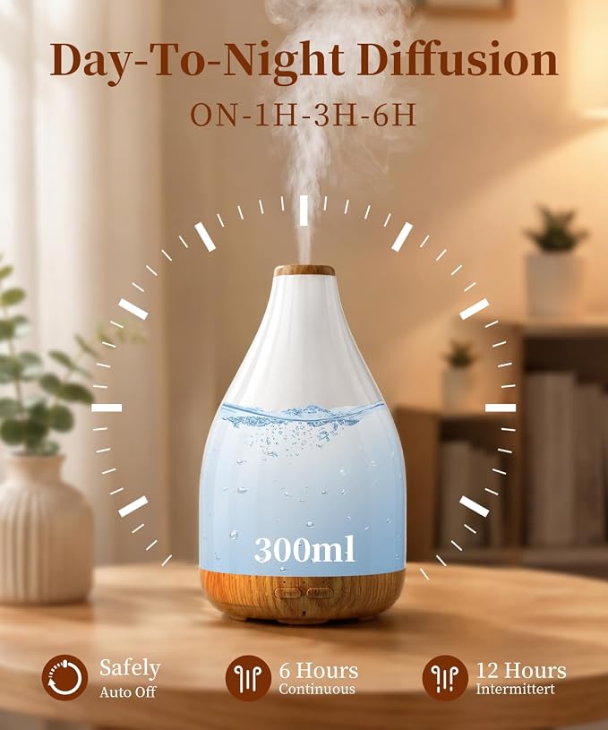 Large Essential Oil Diffuser for Home, Drop-Shape Aroma Diffusers 300ML for Aromatherapy, Air Scent Fresh, Ultrasonic Cool Mist Humidifier & LED Light, 1-3-6H Timer Auto Shut-Off, Brown