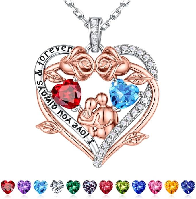 Iefil Valentines Gifts for Her Wife - 925 Sterling Silver Double Heart Birthstone Necklace, Anniversary Birthday Gifts for Women Wife Girlfriend