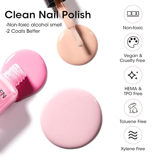 GELLEN Nude Pink French Nail Polish, Quick Air Dry Non-gel Regular Nail Polish No Light Needed for Finger Toe & Fake Nails | 6-color Spring Summer, Apply 2 Thin Coats | Toxin TPO HEMA Free, No Chip