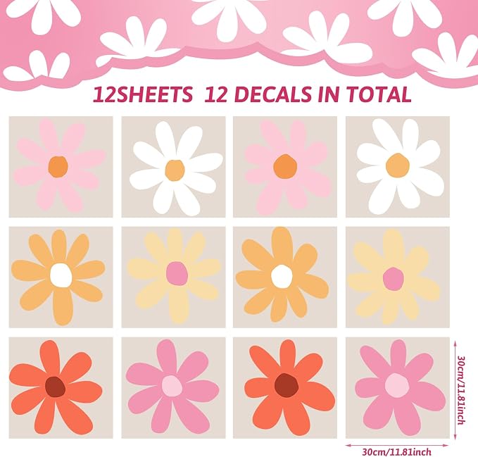 TaoBary 12 Sheet Daisy Wall Sticker Decal,Bright Color,Minimalist Style | Big Flower Wall Sticker, Pink White Floral Decal, Daisy Bedroom Room Decor, Removable Peel and Stick, Nursery Home Wall Decor