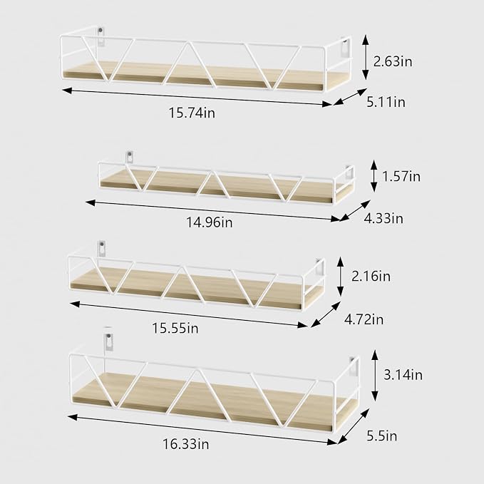 Floating Shelves Set of 4, Wood Wall Shelf, Farmhouse Shelf for Bedroom | Wall Mounted Floating Shelf for Living Room, Bedroom, Bathroom, Kitchen, Office