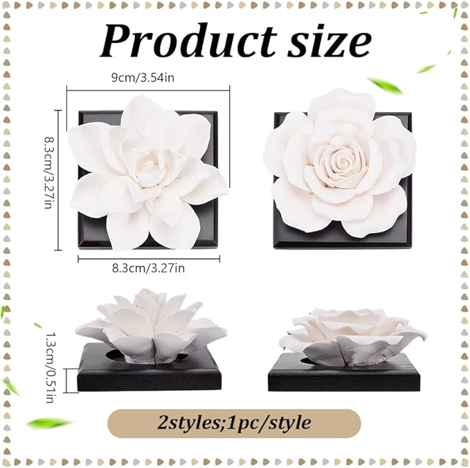INFUNLY 2PCS White Rose Essential Oil Diffuser Stone Mini Ceramic Aromatherapy Diffusers 3.3x3.3 Inches Scent Air Ornament Kit Essential Oil Passive Flower Diffuser for Gifts Room Office Car Decor