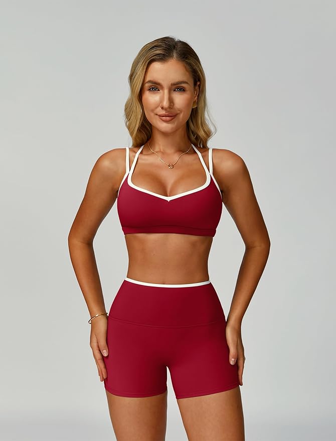 ABOCIW Workout Sets for Women 2 Piece Color Block Strappy Sports Bra High Waist Shorts Gym Yoga Pilates Outfits