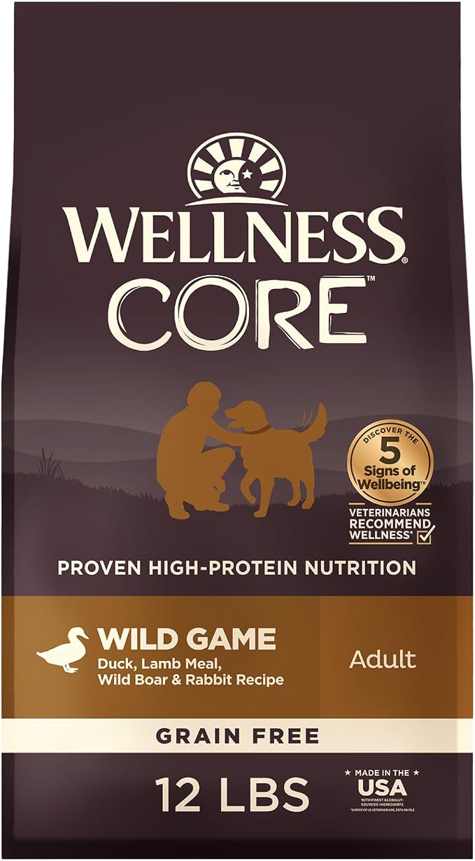 Wellness CORE Dry Dog Food, Grain-Free, High Protein, Natural, Wild Game Duck, Lamb, Wild Boar, & Rabbit Recipe, (12-Pound Bag)