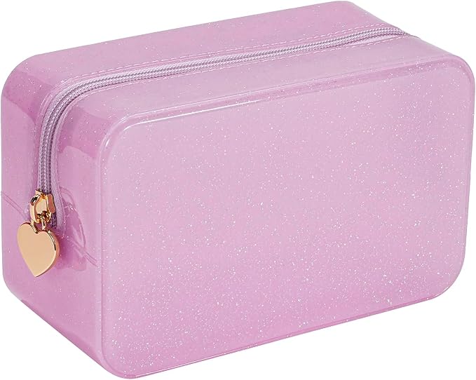 RSRSLEII Stardust Twinkle Jelly Travel Makeup & Toiletry Bag, Waterproof PVC Cosmetic Bag/Case for Women，Zipper SPF Beach Bag for Sunscreen Skincare and Daily Essentials (01Pink)
