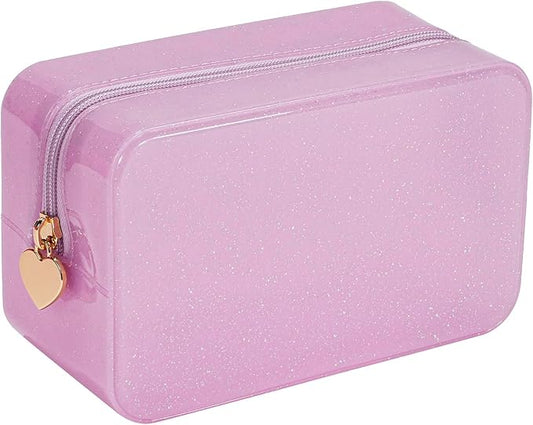 RSRSLEII Stardust Twinkle Jelly Travel Makeup & Toiletry Bag, Waterproof PVC Cosmetic Bag/Case for Women，Zipper SPF Beach Bag for Sunscreen Skincare and Daily Essentials (01Pink)