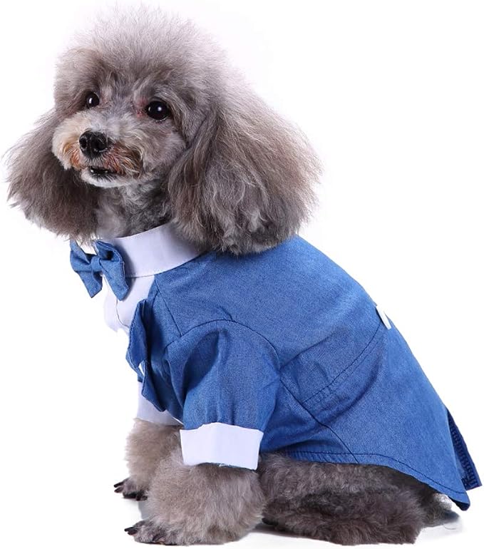 GabeFish Pets Wedding Jackets Suit for Dogs with Bow Tie Puppy Cat Formal Clothes Shirt Tuxedo (Blue, L (Chest 17.3in/44cm)