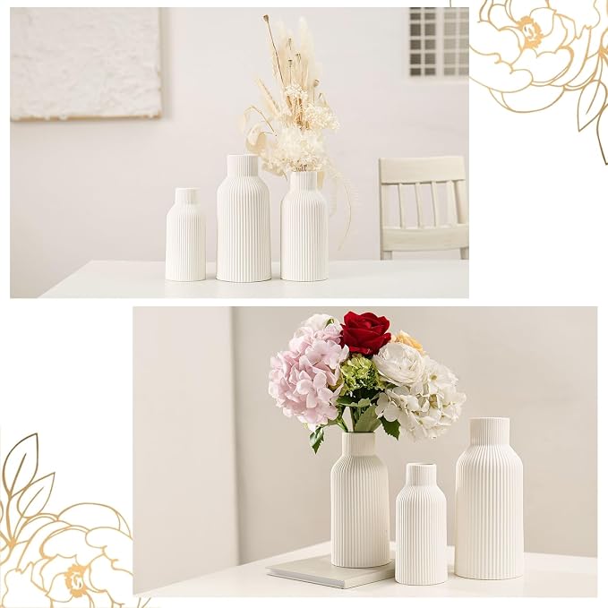 Bohemian White Ceramic Vase - for Pampas Grass, Mantel, Bookshelf, Entryway and Living Room Decor (White, Set of 3)