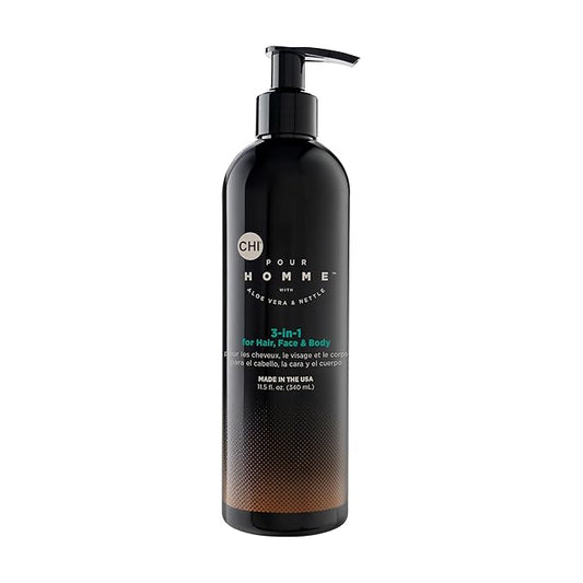CHI Pour Homme 3-in-1 Cleansing & Moisturizing Hair, Face & Body Wash for Men, Made With Aloe Vera & Nettle, Fresh, Woody Scent, Sulfate-Free, 11.5 oz