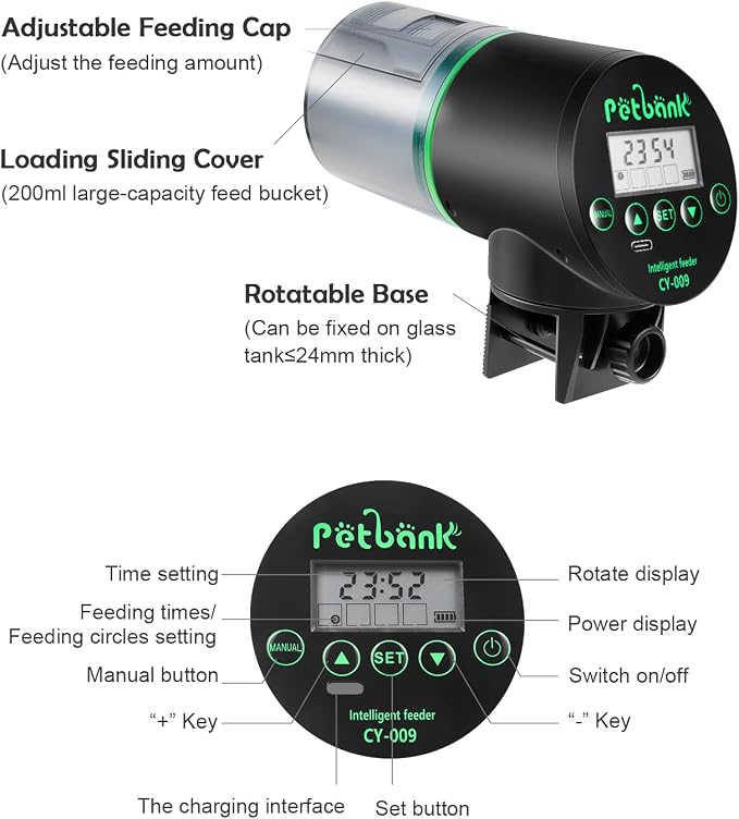 Automatic Fish Feeder for Aquarium Easy Setup & 4 Timers Black | 200ML Rechargeable Auto Food Dispenser for Flakes & Pellets, LCD Display, Vacation Feeding for Small Tank Betta Koi Turtle