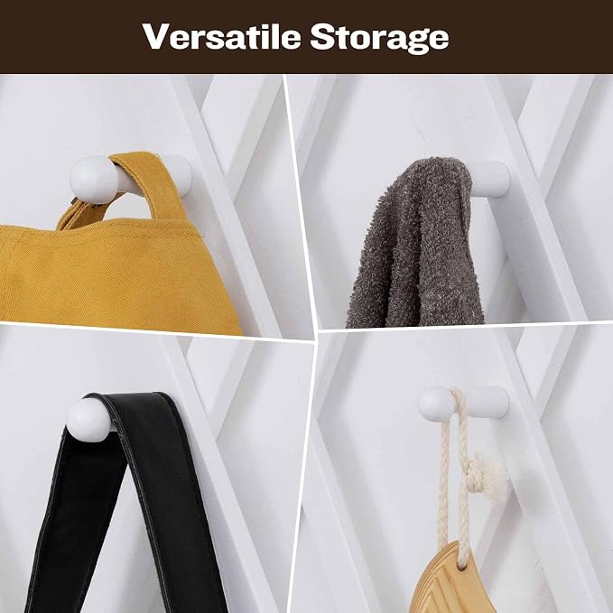 SCUNDA Wall Rack with 20 Hooks, Wooden Wall Expandable Coat Rack for Coat, Hats, Baseball Caps, Coffee Mug, Jewelry(White)