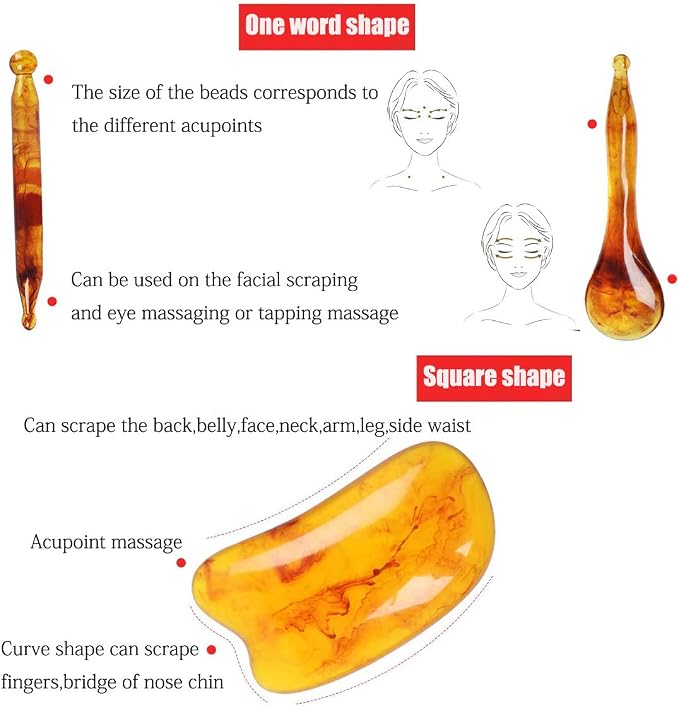7 Pack Gua Sha Scraping Massage Facial Tools Kit, ResinGuasha Scraper Board Health Care Beauty Scrape Plate with Flax Bag for Face Body Leg Back Care Physical Acupuncture Deep Tissue Therapy (Amber)
