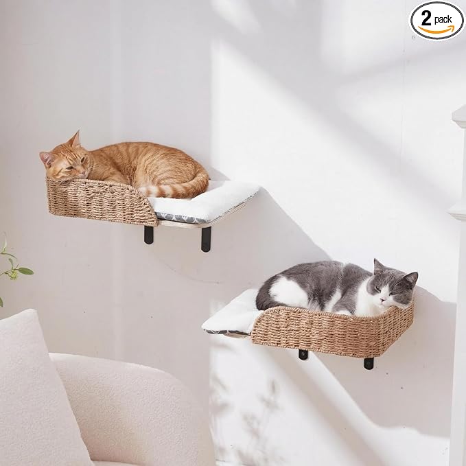 SHENGOCASE Modern Wall Mounted Cat Bed Perch with Handwoven Guardrail, 2-Pack, Wooden Shelves with Washable Pillow Cushions, Wall Furniture Set