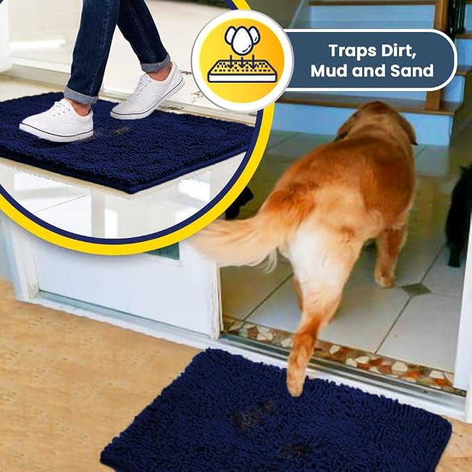 Muddy Mat® | Super Water Absorbent Door Mat Indoor, Microfiber Quick Dry Chenille Entryway Rug, Slip Resistant Front Door Mat, Indoor Mats for Entryway, Machine Washable Pet Rug, Navy Blue 36" x 46"