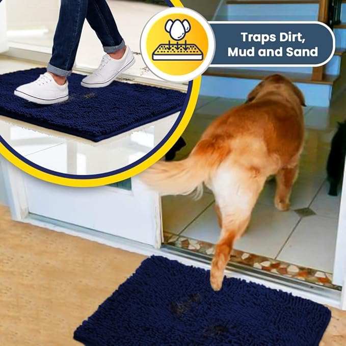 Muddy Mat® | Super Water Absorbent Door Mat Indoor, Microfiber Quick Dry Chenille Entryway Rug, Slip Resistant Front Door Mat, Indoor Mats for Entryway, Machine Washable Pet Rug, Navy Blue 16"x24"