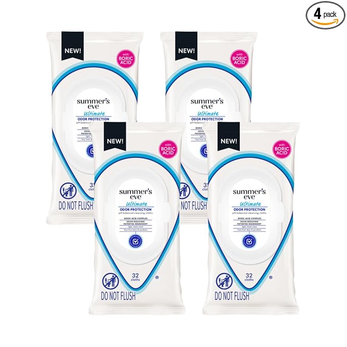Summer’s Eve Ultimate Odor Protection Feminine Cleansing Wipes, Daily Intimate Cloths, with Boric Acid Complex, pH Balanced, Removes Odor, 32 Count (Pack of 4)