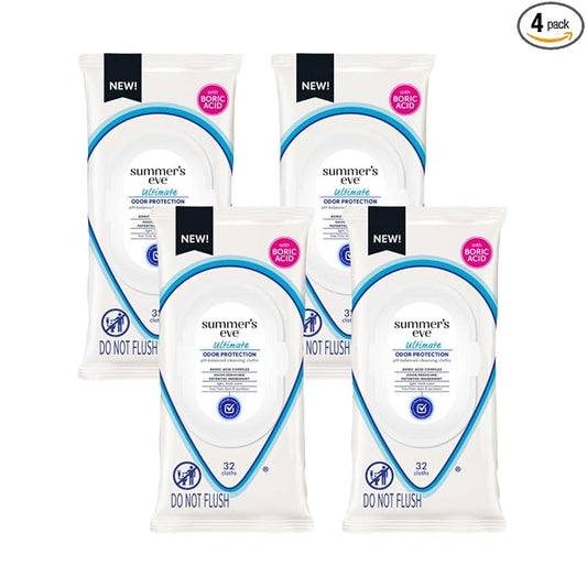Summer’s Eve Ultimate Odor Protection Feminine Cleansing Wipes, Daily Intimate Cloths, with Boric Acid Complex, pH Balanced, Removes Odor, 32 Count (Pack of 4)