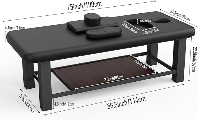 Olela 31.5 Wide Stationary Massage Table - Heavy Duty Massage Table with Fixed Backrest and Large Storage Space, Spa Table with Pu Leather and Meatal Farme for Spa, Massage, Tattoo and So On