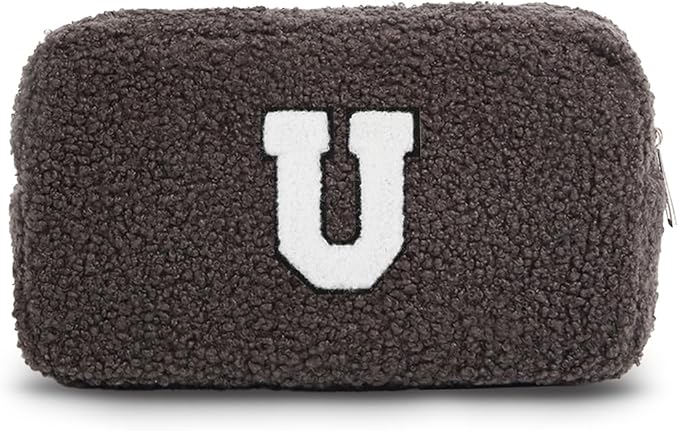 Cute Makeup Bag, Initial Cosmetic Bag, Fuzzy Makeup Bags for Women, Beauty Pouch with Chenille Letter, Personalized Cosmetic Pouch for Travel, Dark Grey U