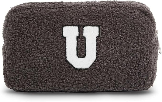 Cute Makeup Bag, Initial Cosmetic Bag, Fuzzy Makeup Bags for Women, Beauty Pouch with Chenille Letter, Personalized Cosmetic Pouch for Travel, Dark Grey U
