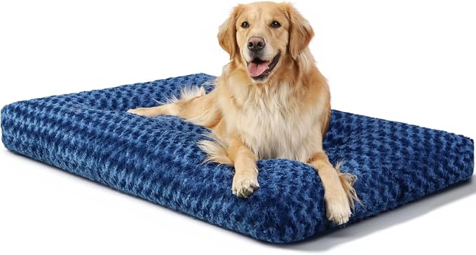 KSIIA Washable Dog Beds Large Sized Dog Crate Bed Plush Mat 47"x29" Blue | Deluxe Plush Comfy Kennel Pad, Anti-Slip Bottom,Deep Sleeping Mat for Large Dogs,Machine Washable for Easy Cleaning