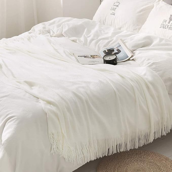Homiest Ivory White Knitted Throw Blanket with Fringe, 60x80 Inch | Pure Acrylic, Lightweight & Breathable, All-Season Use, Machine Washable, Wrinkle & Fade Resistant, for Couch Sofa And Bed