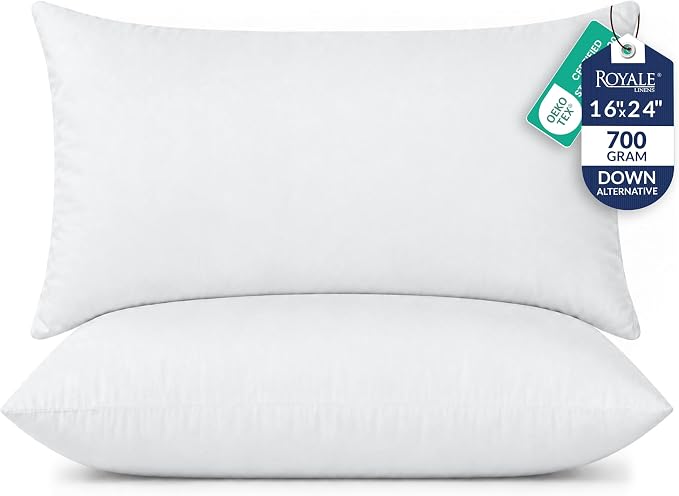ROYALE LINENS 16 x 24 Pillow Insert - Down Alternative Throw Pillows Insert - Rectangle Pillow Pack of 2 White - Bed & Couch Pillows - Inner Cushion for Bed, Cushion for Living Room - Shams Stuffer
