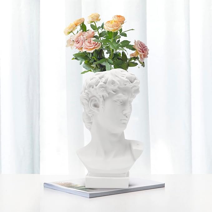 David Statue Greek Head Vase Bust Face Vase Head Retro Decor, Sculpture Brush Holder Bust, Makeup Brushes Container Pen Holder, 25CM