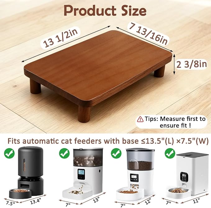 SZEE Cat Food Stand, Elevated Cat Feeder Stand for Automatic Feeder & Bowls | Lifted Cat Food Table Station, Raises Feeder/Bowl by 2 3/8", Relieves Spine and Joints Noticeably on Pets - Solid Walnut Wood