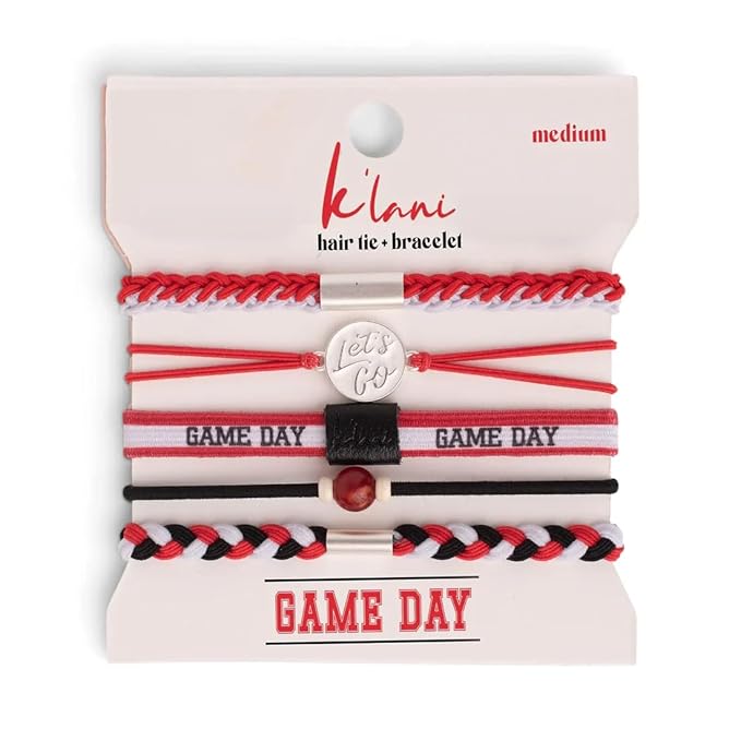 K'lani Game Day Hair Tie Bracelets – 5-Pack Stretchy No-Crease Hair Ties & Stylish Bracelets – Team Color Accessory for Hair or Wrist - Red & White, Medium