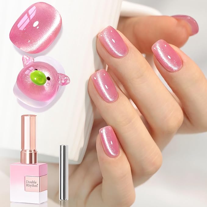 Double Rhythm 15ML Jelly Glass Cat Eye Gel Polish with Magnet Holographic Glitter Shimmer Translucent Sheer Color Salon Soak Off Magnetic Nail at Home (Mermaid Pink Violet-MC1194)