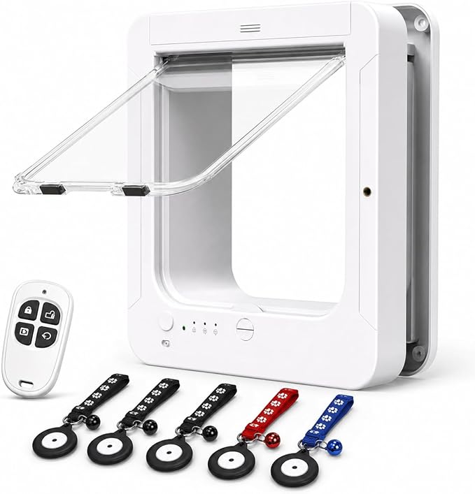 Smart Cat Door with Remote Control, White Pet Flap with 5 Collar Tag Keys, 4 Locking Modes, Selective Entry Door for Cats & Small Dogs