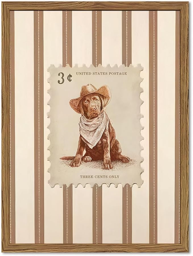 Western Cowboy Dog Wall Art, Vintage Striped Animal Southwestern Wall Decor Pictures Retro Southwest Cowboy Poster Painting Canvas Print for Living Room Bedroom 12x16 Inch Wood Framed