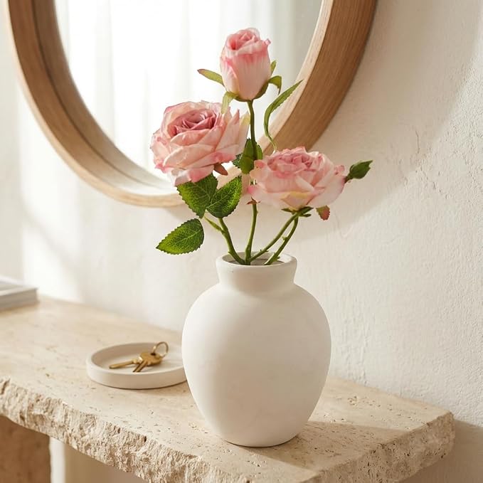 Ceramic Vase | 6 Inch White Vase Pottery Rustic Farmhouse Boho Vase for Home Decor, Table, Living Room, Bathroom, Shelf, Mantel Decoration, Wedding (6'' Retro)
