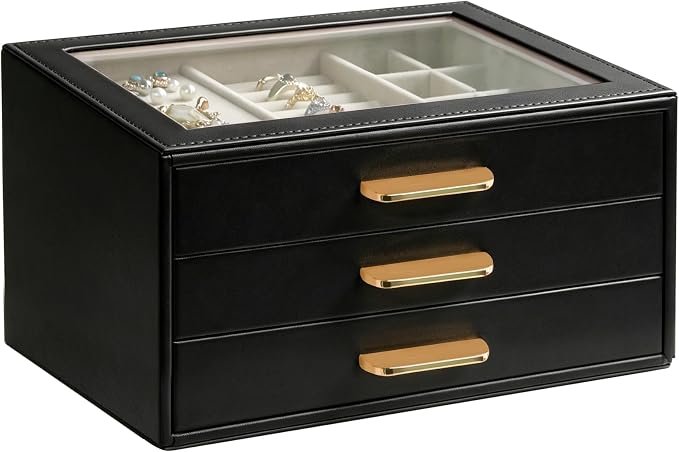 Homeanda Jewelry Boxes Organizer with Glass Lid, 3-Layer PU Leather, Black | Modern style display case with 3 drawers for daily jewelry, women, mom or girl gift