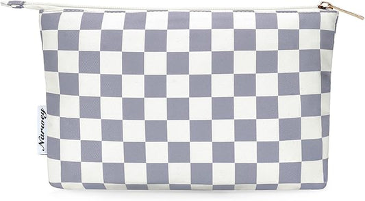 Narwey Small Checkered Makeup Bag for Purse Small Cosmetic Bag Women Travel Makeup Pouch Zipper Pouch (Grayish Blue Checkerboard)