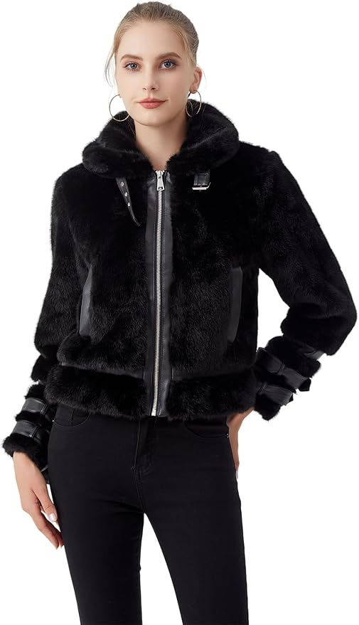 GRAN ORIENTE Womens Belted Winter Faux Fur Coats, Cropped Fuzzy Cuff Furry Zipper Up Warm Jackets Outwear
