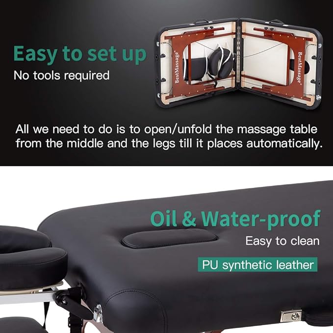 BestMassage Massage Bed Portable Massage Table 2 Fold Lash Bed Height Adjustable PU Leather with Oxford Bag for Spa Salon