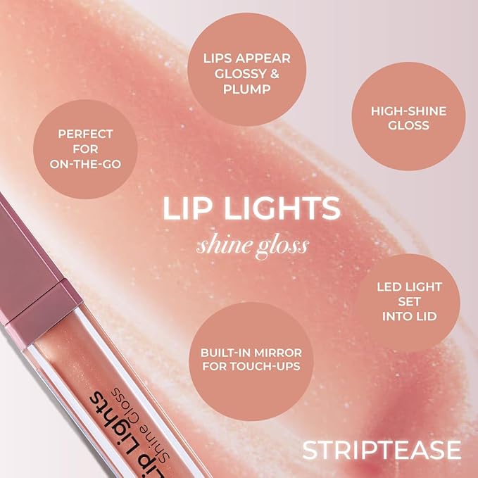 MCoBeauty - Lip Lights Shine Gloss - Nude Lip Gloss - High Shine Glass-Like Finish with Built-In LED Light & Mirror - Moisturizing Lightweight - Face Makeup
