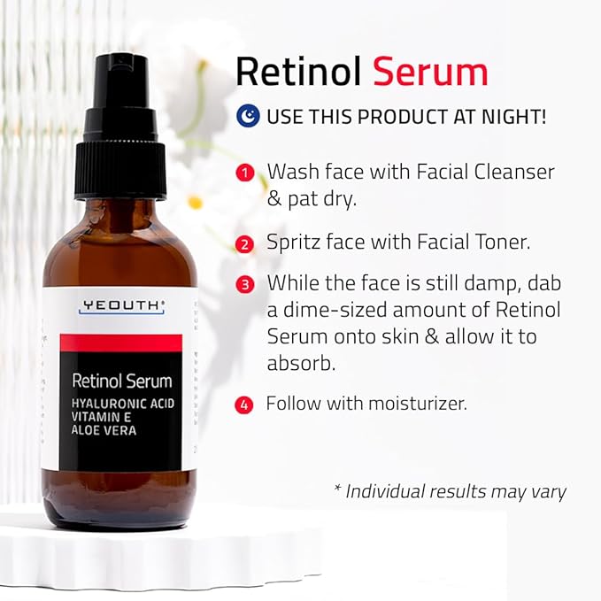 YEOUTH Retinol Serum for Face with Hyaluronic Acid & Vitamin E, Hydrating Retinol Face Serum for Women & Men, Facial Skin Care for Even Skin Tone - 1oz