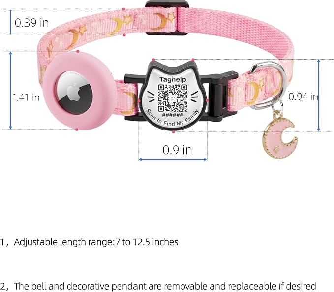 Breakaway Cat Collar with Integrated AirTag Holder & QR Code ID Tag - Reflective Safety Collar for Cats, Adjustable Lightweight Kitten Collar with smart tag,0.4" Width(Pink)
