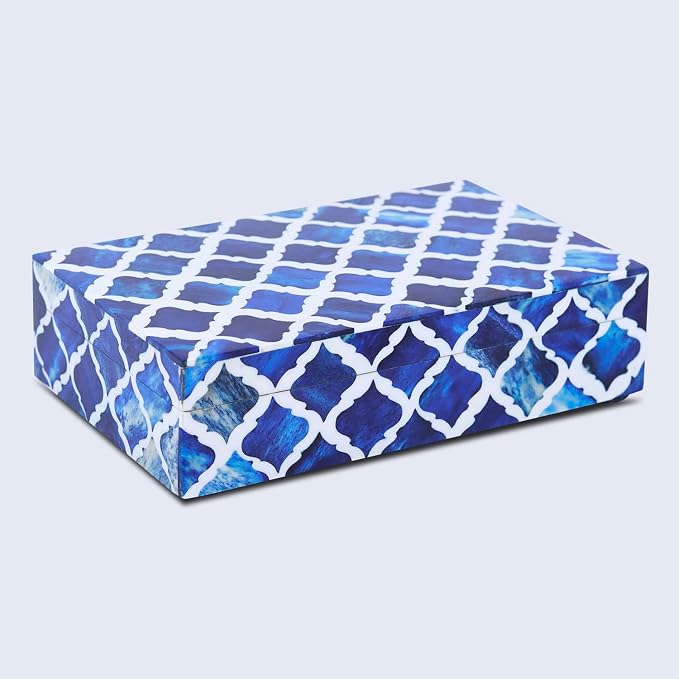 Handicrafts Home Small Decorative Storage Box with Lid, Moroccan Jewelry Keepsake Trinket Box Organizer, Wooden Coffee Table Dresser Storage Box, Blue, 8 x 5 x 2 Inch, Moroccan Collection
