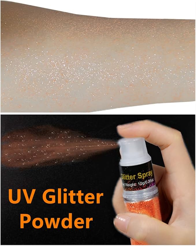 Go Ho UV Orange Hair and Body Glitter Spray, Festival UV Effect Glitter Powder Makeup for Hair/Body/Clothes,Dry Powder Spray Loose Sparkle Makeup,10g