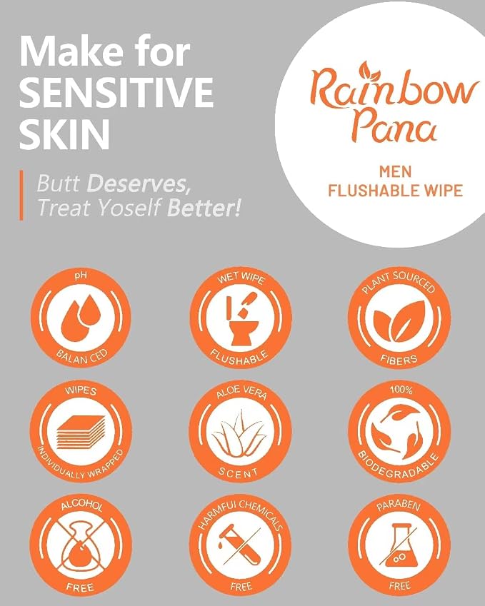 RainbowPana 120 Count Flushable Wipes for Men: ON-THE-GO, Individually Wrapped | Butt Wipes, Travel Wipes | Lightly Scented - Vitamin C, E, Aloe, Plant Extract