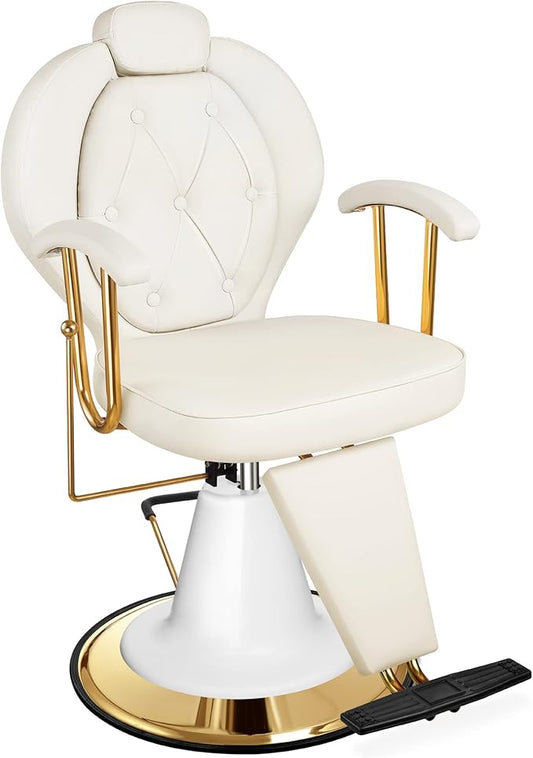 Baasha Cream Reclining Salon Chair for Hair Stylist, All-Purpose Hydraulic Barber Chair, 360° Swivel Styling Seat, Adjustable Headrest, 440 lbs Capacity