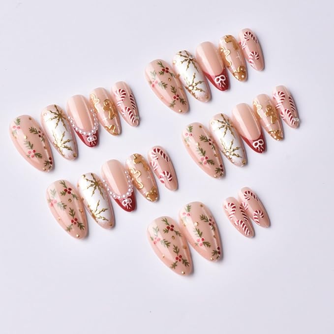 Christmas Press on Nails Gingerbread Man Fake Nails Holly Glue on Nails with Candy Cane Design Medium Almond False Nail Glossy Full Cover Artificial Acrylic Xmas Stick on Nail for Women Manicure 24Pcs