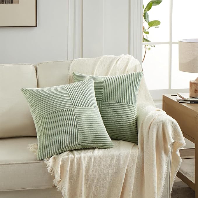 Fancy Homi Sage Green Euro Decorative Throw Pillow Covers 26x26 Inch for Bedroom Couch Bed, Farmhouse Boho Home Decor, Soft Corss Corduroy Patchwork Textured Square Cushion Case 66x66 cm