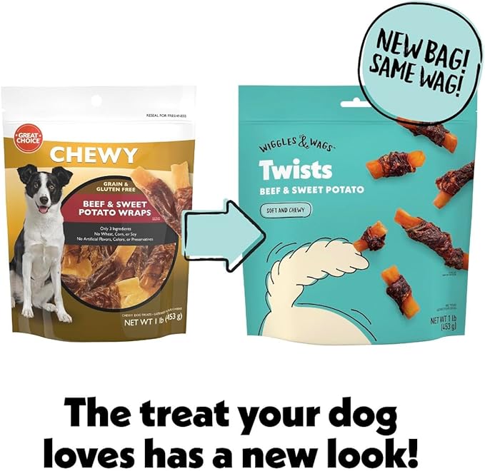 Wiggles & Wags Twists Dog Treats, Beef & Sweet Potato, Soft and Chewy, Grain Free, All Natural, 16 oz with DN Essentials Waste Bag Dispenser & Roll